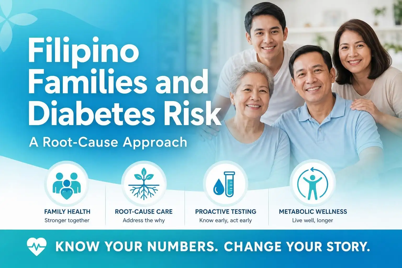 A Filipino family of four smiles together; text discusses diabetes risk and highlights the importance of family health for Filipino families in Las Vegas, emphasizing root-cause care, proactive testing, and metabolic wellness.