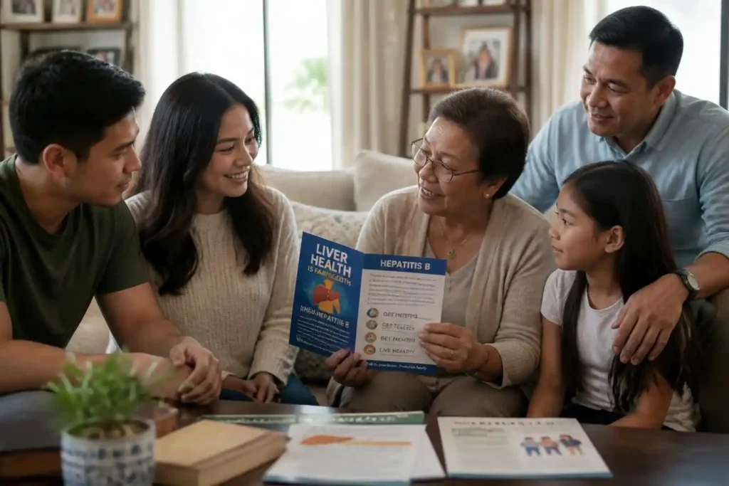 A group of five people sits together on a couch, looking at brochures about liver health and Hepatitis B, with documents spread out on the table in front of them, as they discuss the risks of this silent infection.
