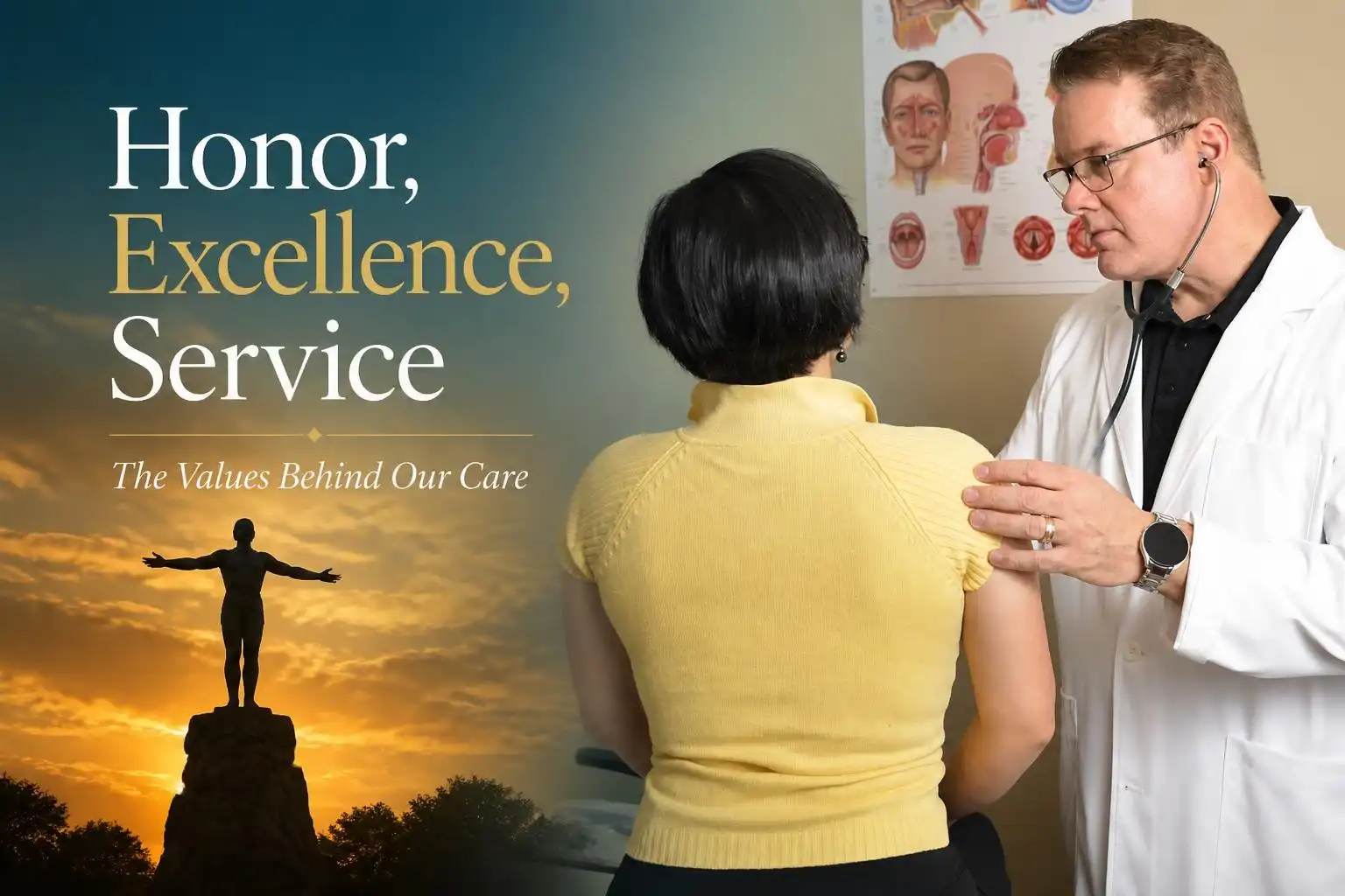 A doctor examines a woman in a medical office; text on the left reads "Honor, Excellence, Service. The Values Behind Our Care," reflecting our commitment to excellence and compassionate service, with a sunset statue scene in the background.