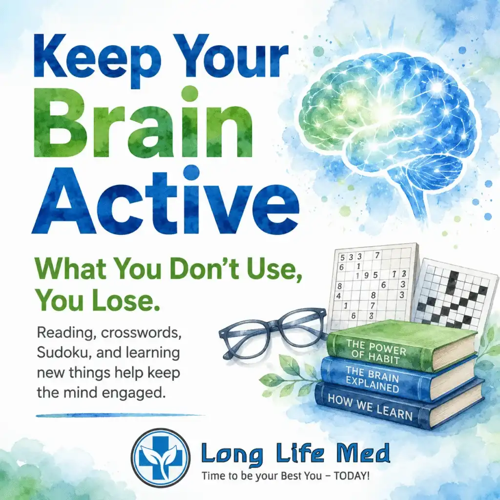 Illustration promoting brain activity with text, an image of a brain, books, glasses, a pencil, and a crossword puzzle on a light blue watercolor background—perfect for highlighting the importance of Continuing Medical Education for every Nurse Practitioner.