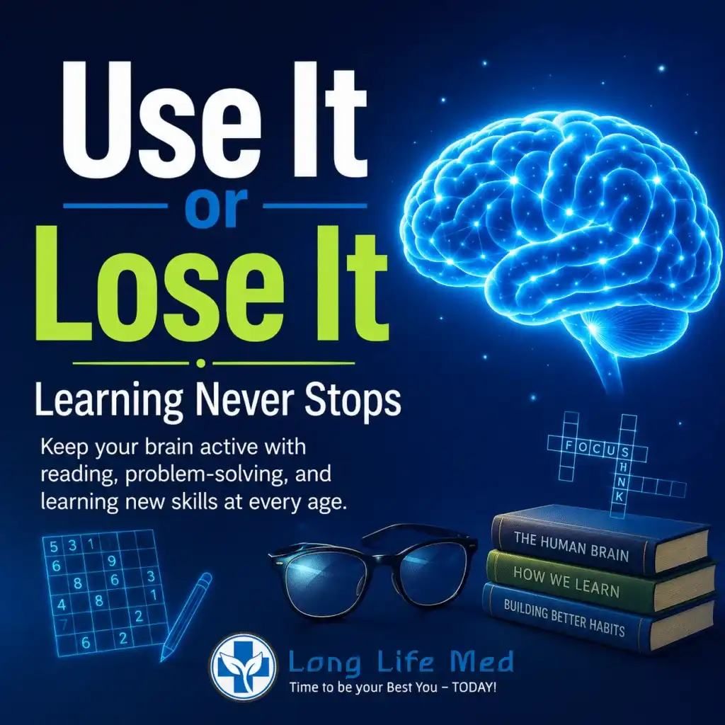 Illustration of a glowing brain with text promoting lifelong learning, books, glasses, a crossword puzzle, and pencil, encouraging brain activity and skill development at any age. This vibrant scene highlights the importance of Brain Health and Healthy Aging, key themes celebrated at AANP 2026.