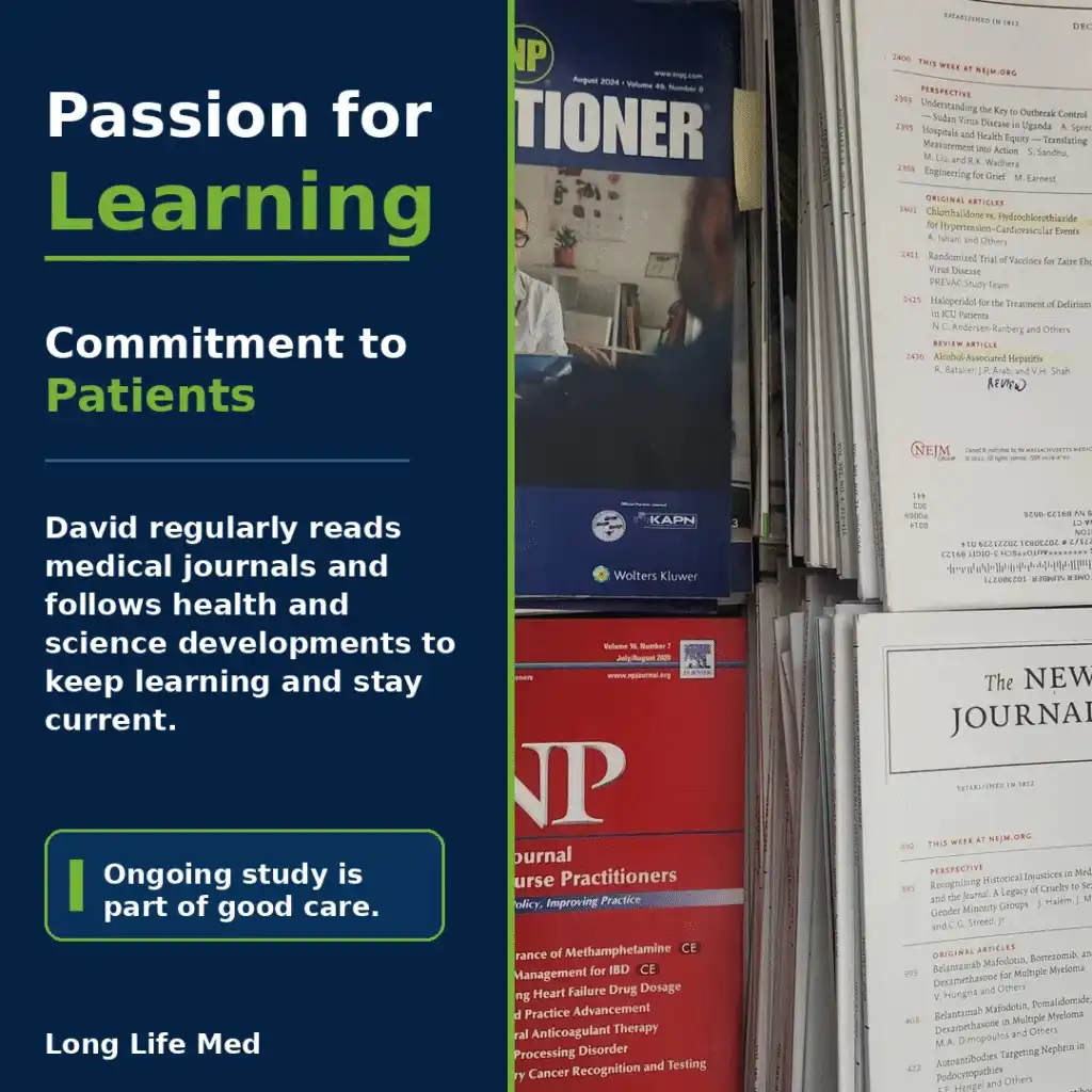 A shelf holding stacks of medical journals next to a sign highlighting the importance of Lifelong Learning and ongoing study for healthcare professionals, essential for supporting Healthy Aging.
